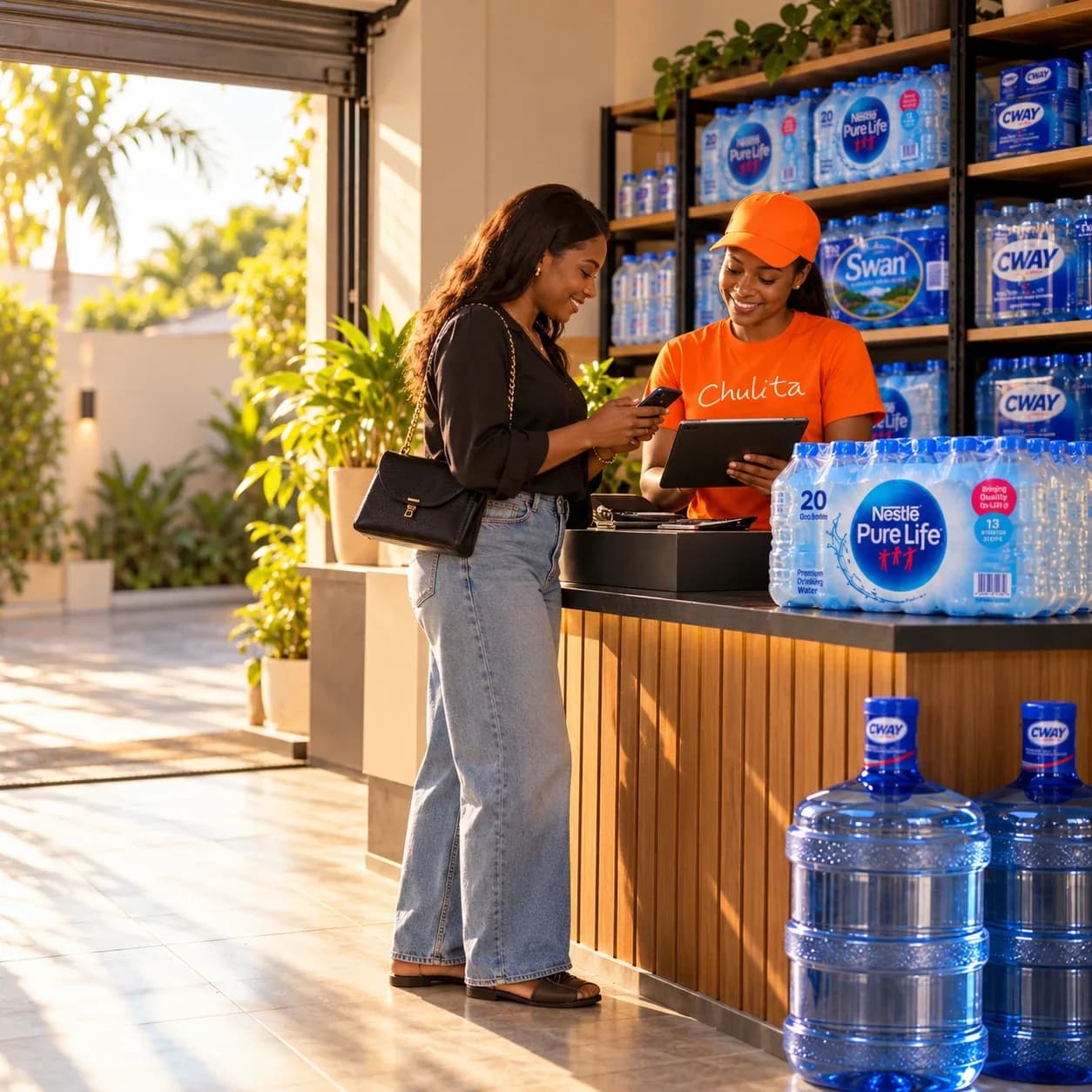 A Chulita team member helping a customer order at the counter, with packs of CWAY, Nestlé and Swan water on the shelves